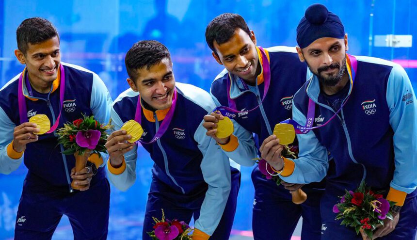 India’s Saurav Ghosal, Abhay Singh, Mahesh Mangaonkar and Harinder Pal Sandhu won the gold medal in the men’s team event at the 19th Asian Games.